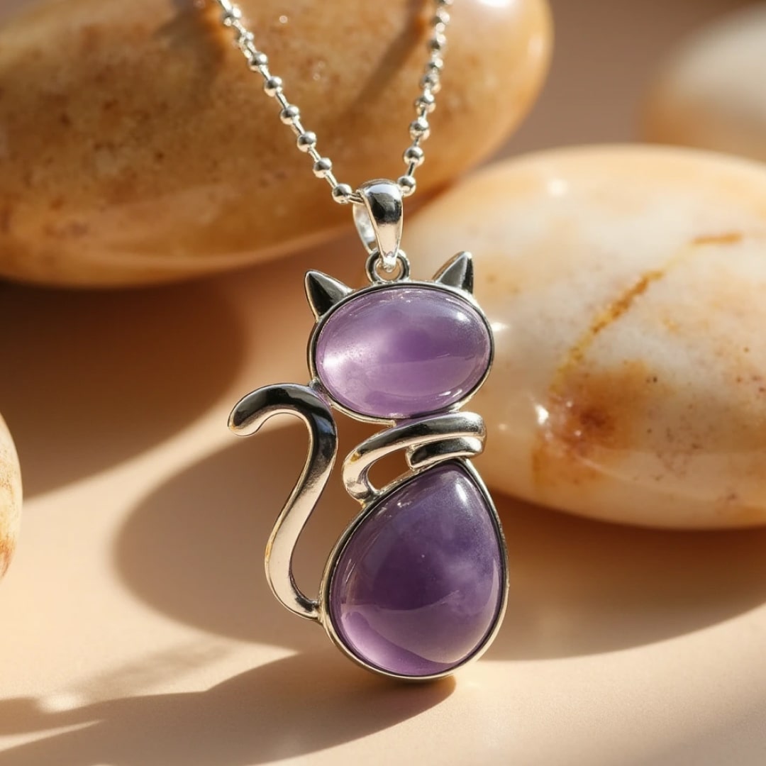 Collier avec chat en pierre véritable